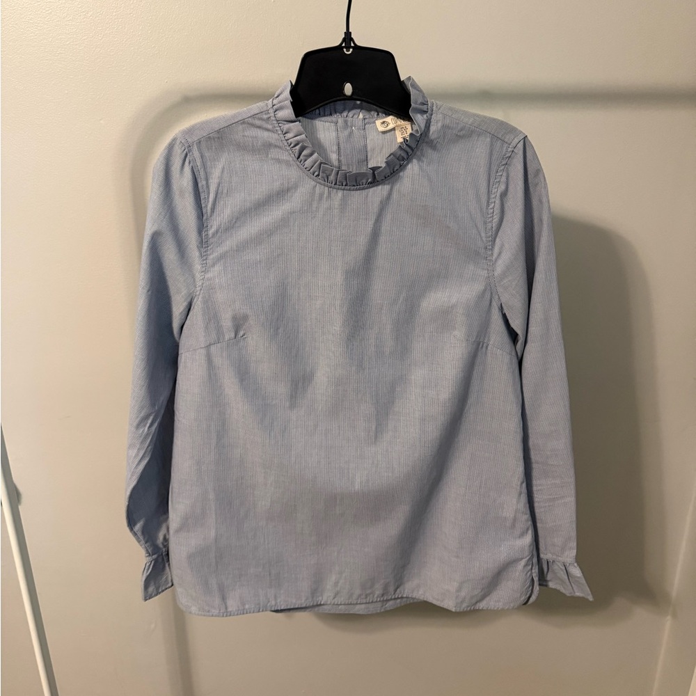 Light Blue Ruffle Collar Button-Back Blouse, Size Small